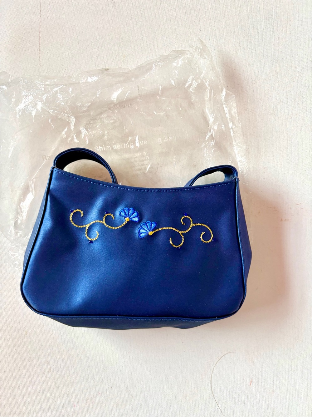Avon Blue Mini Shoulder Bag with Gold Floral Stitching
